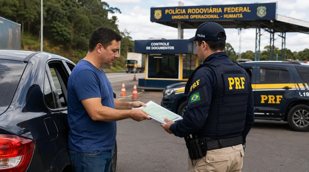CAC apresentando documentação durante fiscalização de trânsito.