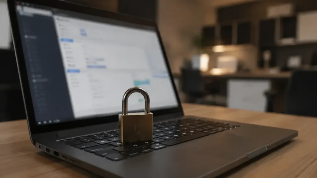 Notebook com cadeado simbólico representando a proteção de dados de sócios de clube de tiro