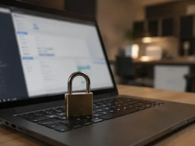 Notebook com cadeado simbólico representando a proteção de dados de sócios de clube de tiro