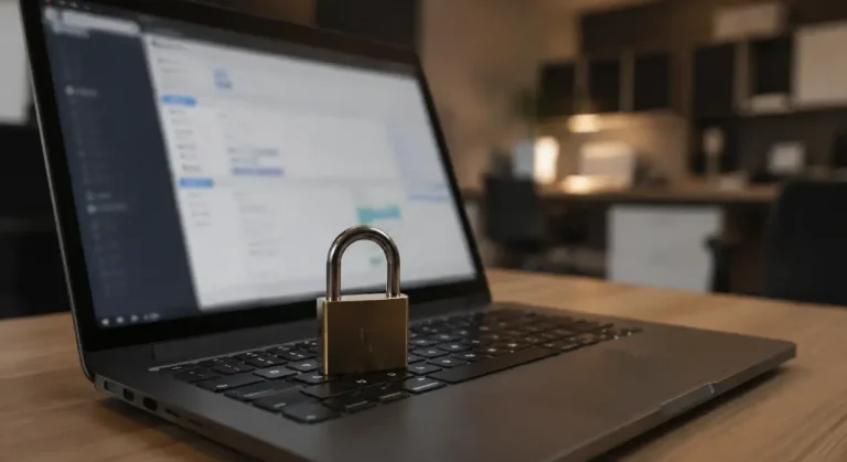 Notebook com cadeado simbólico representando a proteção de dados de sócios de clube de tiro